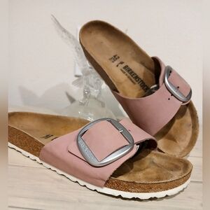 BIRKENSTOCK Rose Pink MADRID BUCKLE Leather SLIDES Cork Sandals Women's 11 / 42